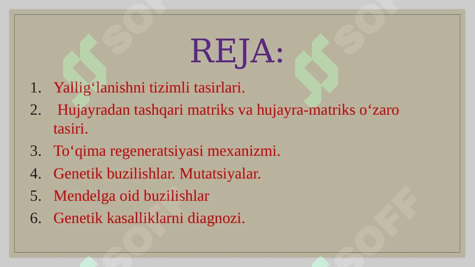 Yallig‘lanishni tizimli tasirlari. Hujayradan tashqari matriks va hujayra matriks o‘zaro tasiri. To‘qima regeneratsiyasi mexanizmi. Genetik buzilishlar. Mutatsiyalar. Mendelga oid buzilishlar 2