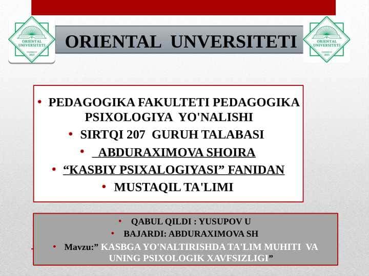 KASBGA YO'NALTIRISHDA TA'LIM MUHITI  VA UNING PSIXOLOGIK XAVFSIZLIGI