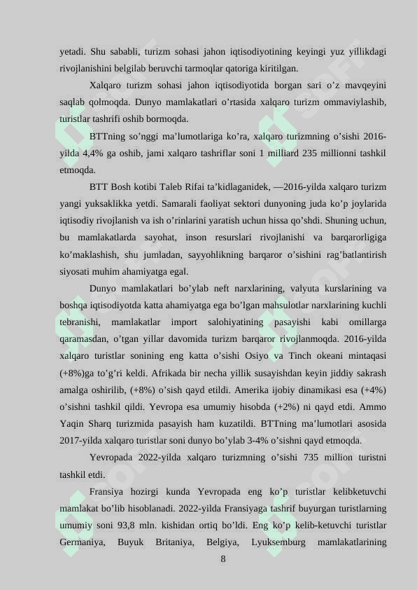 Xalqaro turizm bozoridagi tendensiyalar va O’zbekistonning o'rni 8