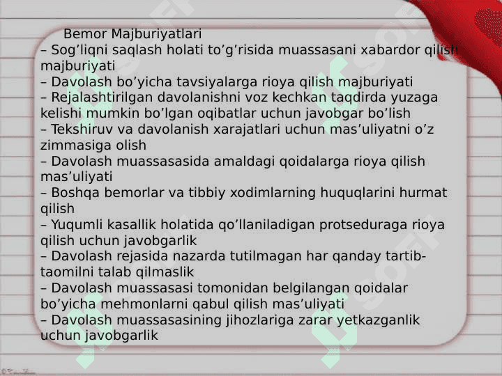 Bemor huquqlari va bu borada etik va huquqiy jihatlarning o’zaro bog’liqligi. “Bemor huquqlari bo’yicha Lissabon deklaratsiyasi”. Yevropa kengashi tomonidan qabul qilingan konvensiya 4