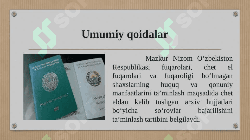 Oʼzbekiston Respublikasi fuqarolari, chet el fuqarolari va fuqaroligi boʼlmagan shaxslarning huquqlari va qonuniy manfaatlarini taʼminlash yuzasidan xorijdan kelib tushgan arxiv hujjatlari boʼyicha soʼrovlar ijrosini taʼminlash tartibi toʼgʼrisida NIZOM 3