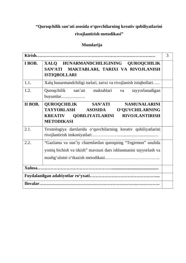 “Quroqchilik san’ati asosida o‘quvchilarning kreativ qobiliyatlarini rivojlantirish metodikasi 1