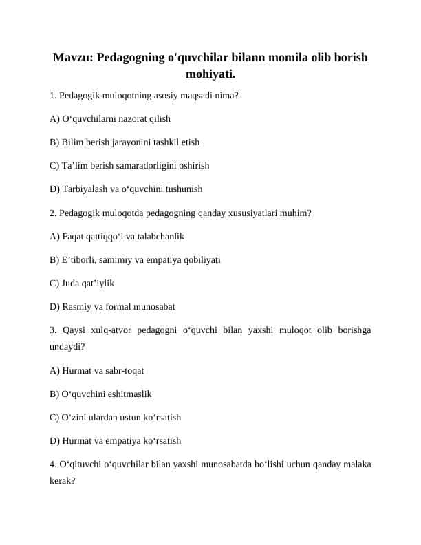 Pedagogning o'quvchilar bilann momila olib borish mohiyati 1