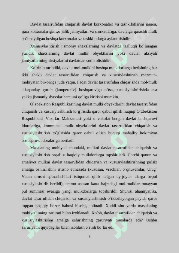 Mulkni davlat tasarruffidan chiqarish va xususiylashtirish 7