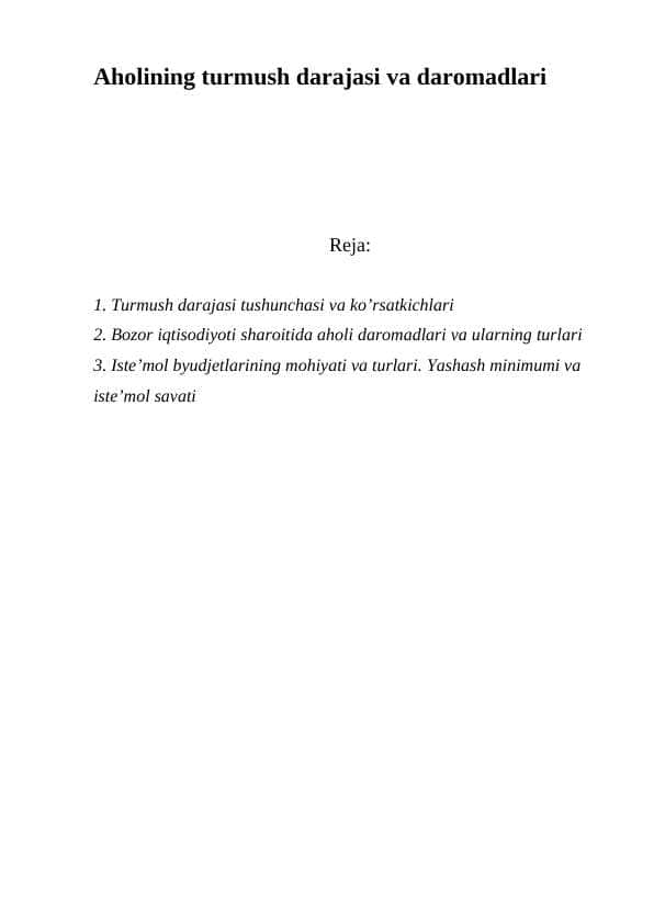 Aholining turmush darajasi va daromadlari 1