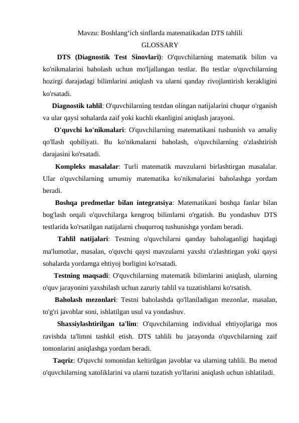 Boshlang‘ich sinflarda matematikadan DTS tahlili Glossary 1