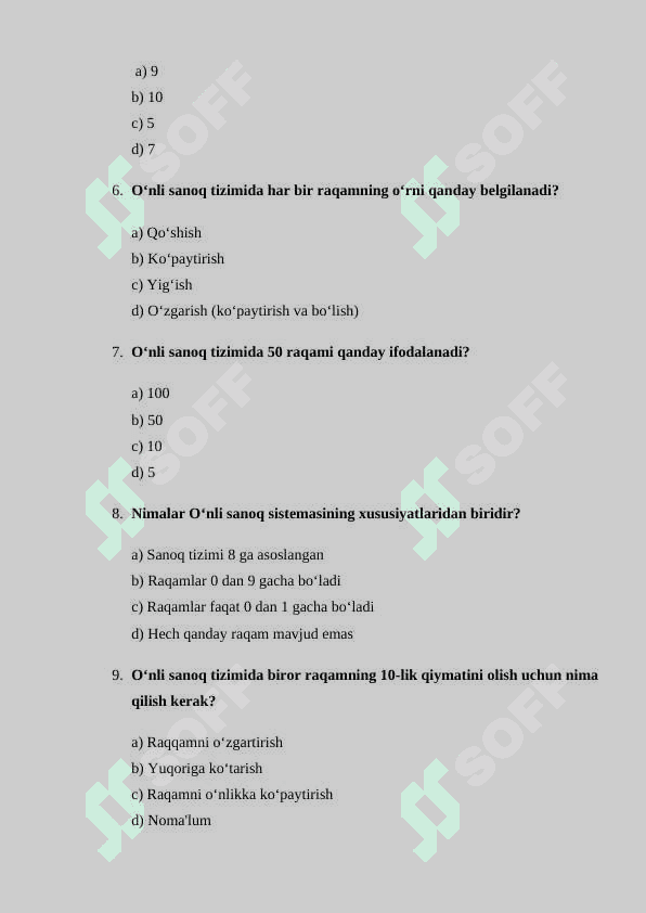 O‘nli sanoq sistemasi xususiyatlari va uning nomerlashga TEST 2