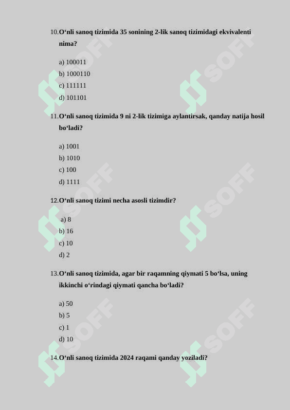 O‘nli sanoq sistemasi xususiyatlari va uning nomerlashga TEST 3