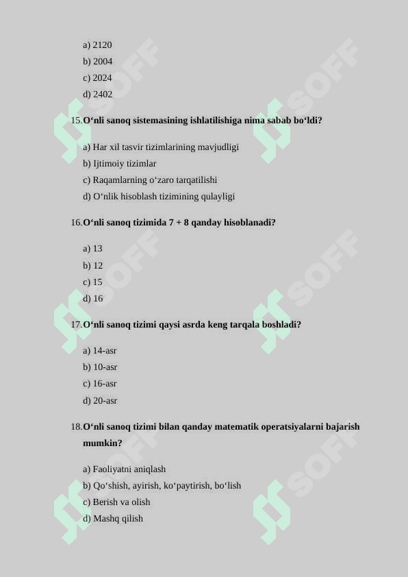 O‘nli sanoq sistemasi xususiyatlari va uning nomerlashga TEST 4