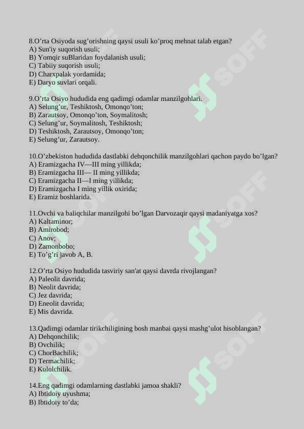 Tarix fanidan mavzulashtirilgan testlar 2