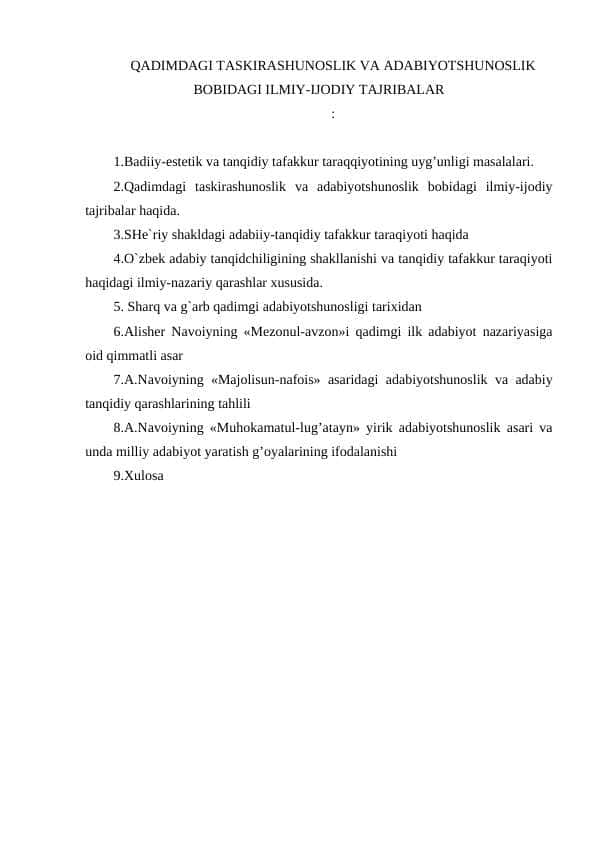 QADIMDAGI TASKIRASHUNOSLIK VA ADABIYOTSHUNOSLIK BOBIDAGI ILMIY-IJODIY TAJRIBALAR