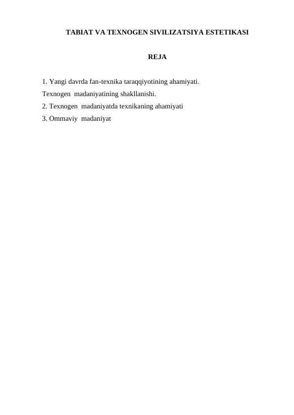TABIAT VA TEXNOGEN SIVILIZATSIYA ESTETIKASI