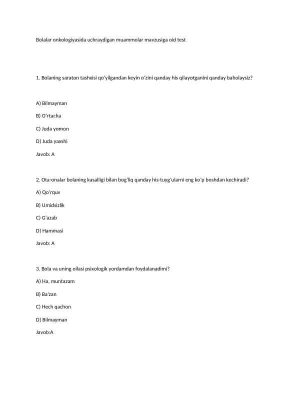 Gospital pedagogikadan test. Bolalar onkologiyasida uchraydigan kasalliklar to'g'risida test