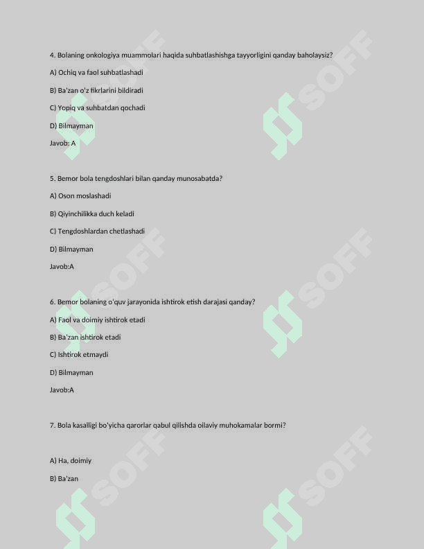 Gospital pedagogikadan test. Bolalar onkologiyasida uchraydigan kasalliklar to'g'risida test 2
