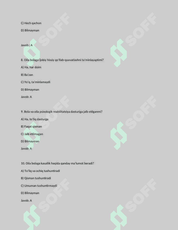 Gospital pedagogikadan test. Bolalar onkologiyasida uchraydigan kasalliklar to'g'risida test 3