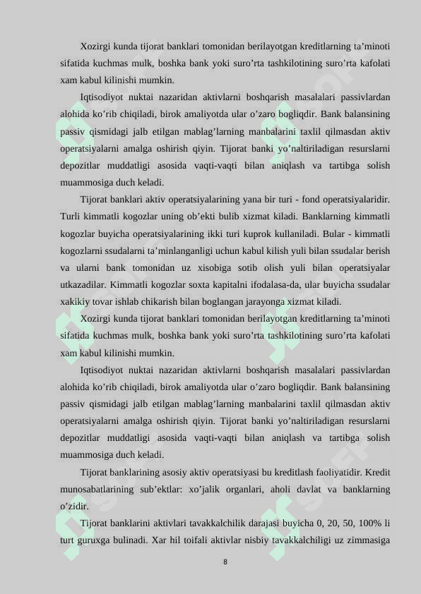 Tijorat banklari aktiv operatsiyalari tarkibi va sifati 8
