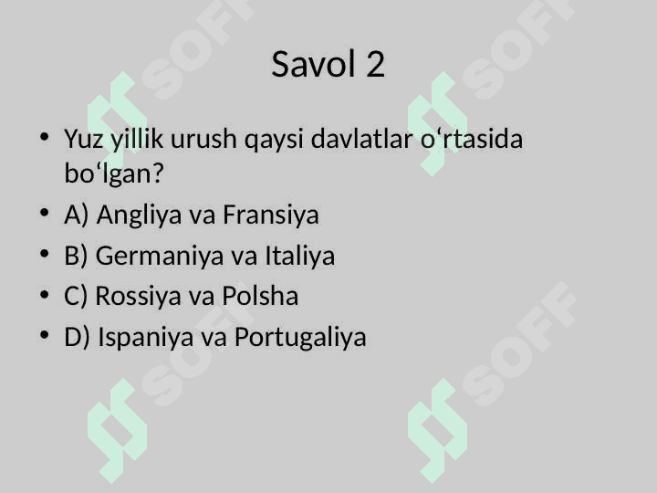 Jahon tarix bo'yicha testlar 3