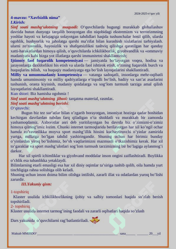 1-sinf soati ish reja konspekt 8