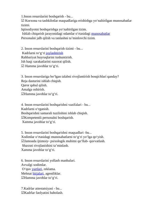 inson resurslari (TEST) javobi bilan