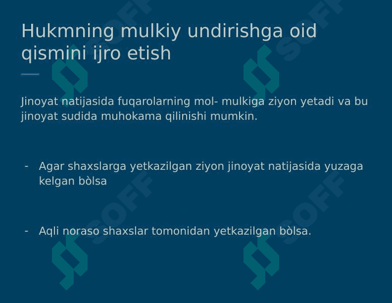 Hukmning mulkiy undirishlarga oid qismi ijrosini taminlash. 2