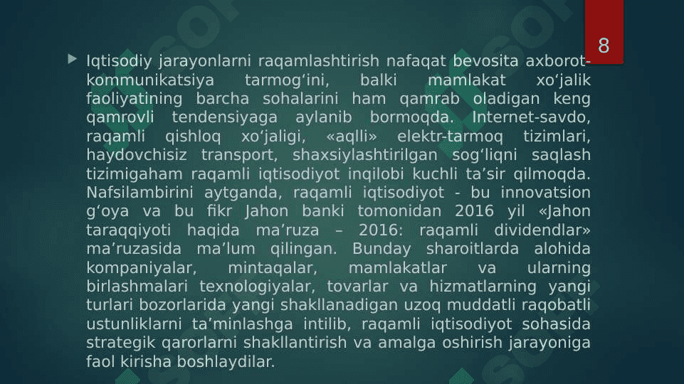 O’ZBEKISTON IQTISODIYOTIDA RAQAMLI INQILOBNING BOSHLANISHI 8