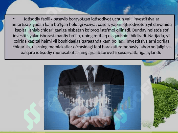 Tashqi investitsiya muhiti omillari va investitsiya bozori konyukturasini oʻrganish. 7