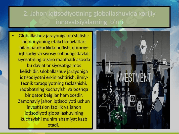 Tashqi investitsiya muhiti omillari va investitsiya bozori konyukturasini oʻrganish. 8