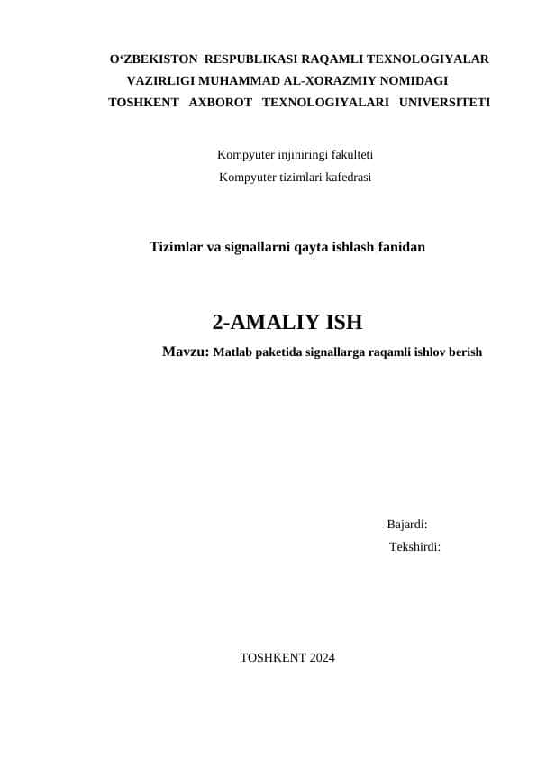 Matlab paketida signallarga raqamli ishlov berish 1