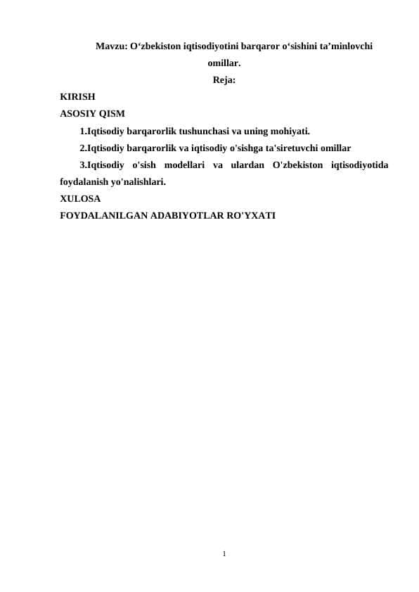 Oʻzbekiston iqtisodiyotini barqaror oʻsishini taʼminlovchi 1