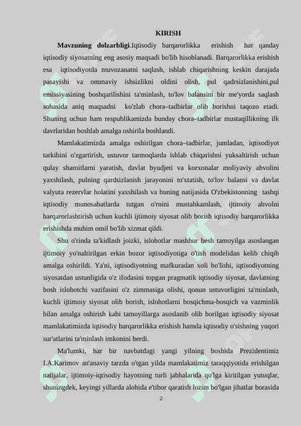 Oʻzbekiston iqtisodiyotini barqaror oʻsishini taʼminlovchi 2