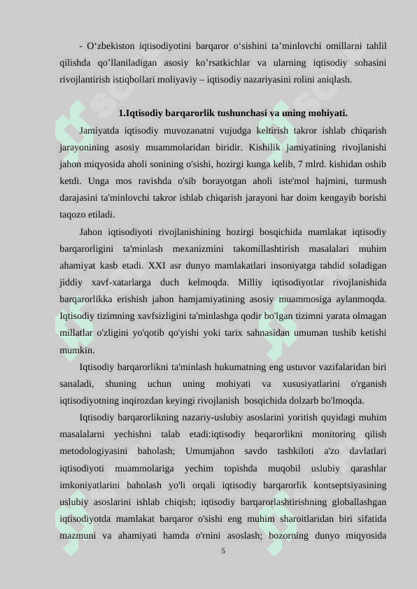 Oʻzbekiston iqtisodiyotini barqaror oʻsishini taʼminlovchi 5