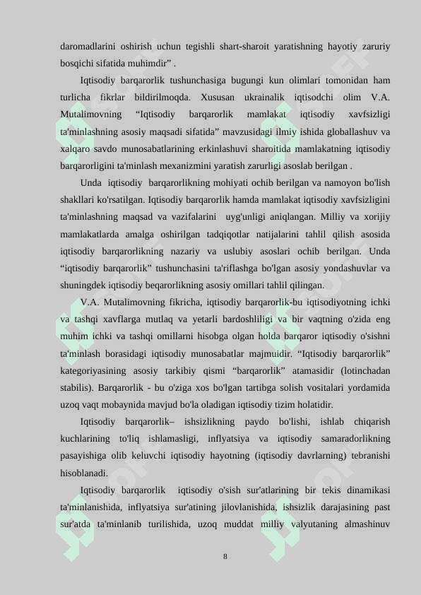 Oʻzbekiston iqtisodiyotini barqaror oʻsishini taʼminlovchi 8