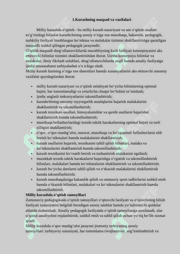 Kurash turlari va uni o’qitish metodikasi fanining maqsad va vazifalari 2