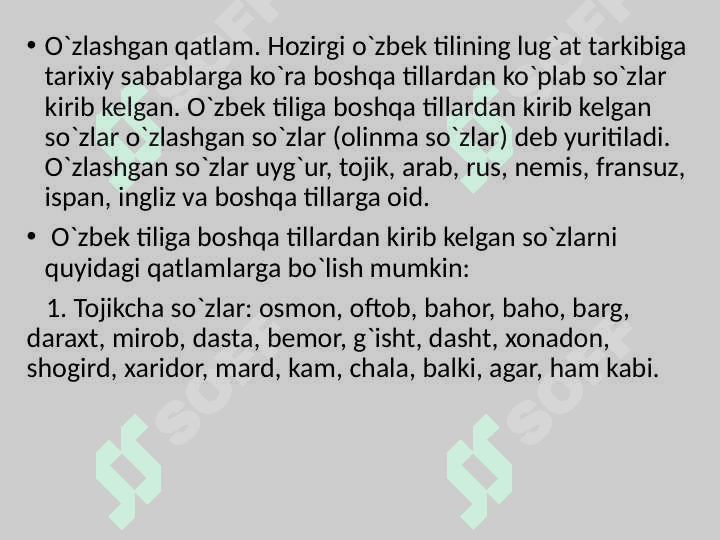 O‘zbek tili leksikasining boyish manbalari.Sohaga hos o‘z va o‘zlashgan so‘zlar tasnifi 4