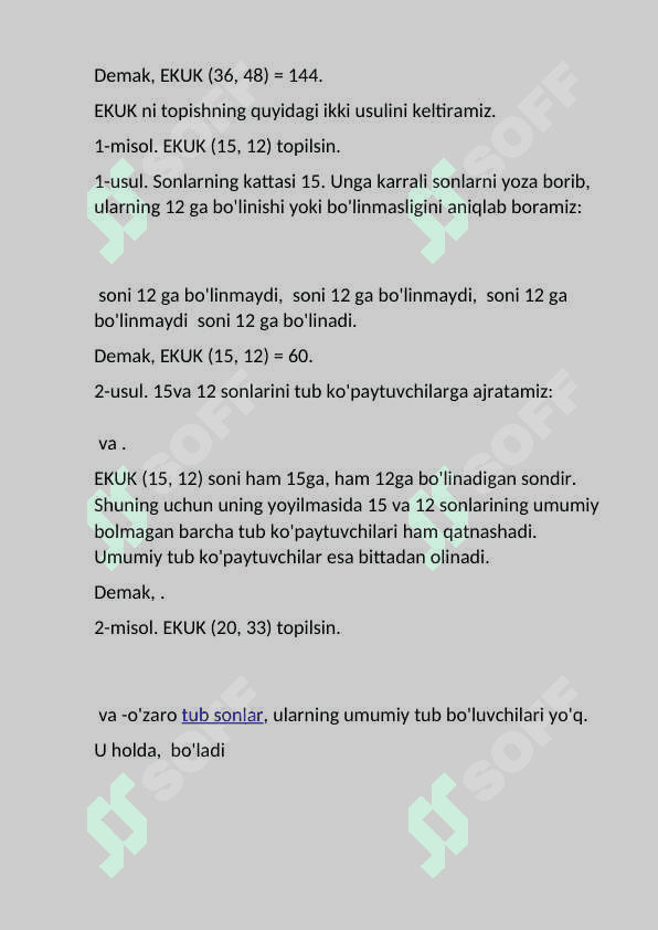 Sonlarning eng kichik umumiy karralisi va eng katta umumiy bo`luvchisi, ularning asosiy xossalari va topish 4