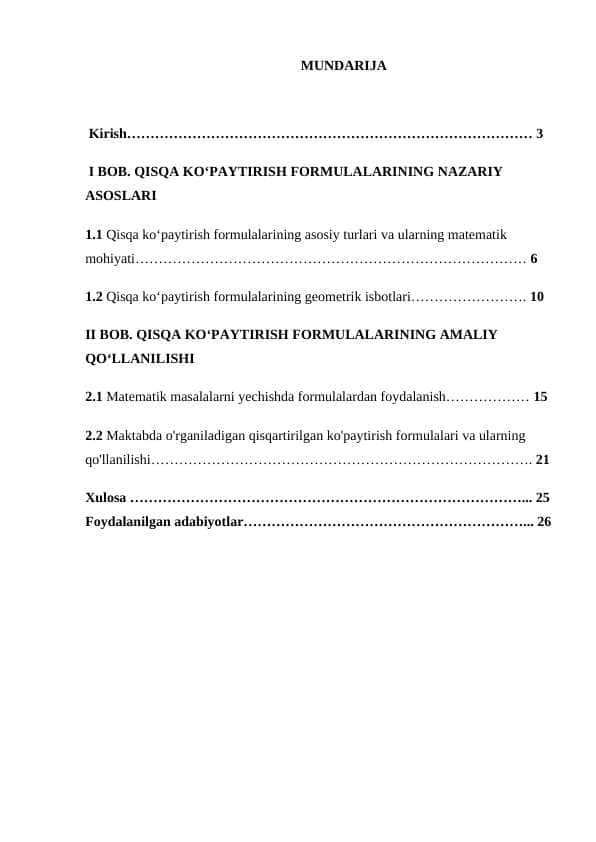QISQA KO‘PAYTIRISH FORMULALARINING NAZARIY VA AMALIY ASOSLARI