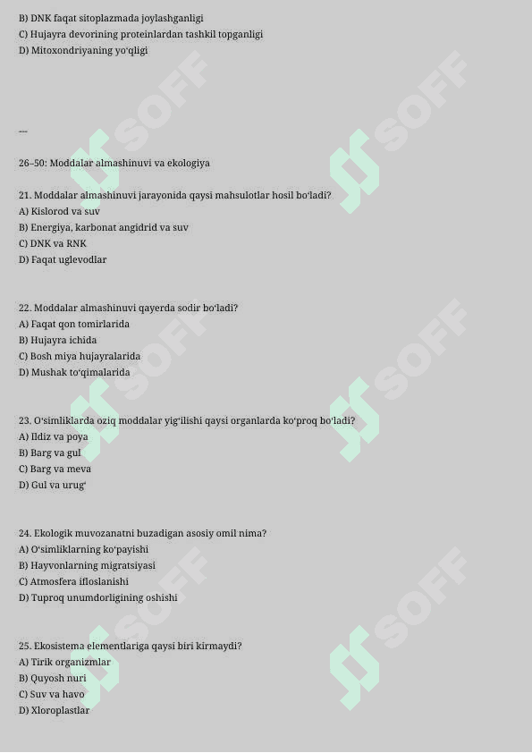 5-sinf biologiya va ekologiya test 4