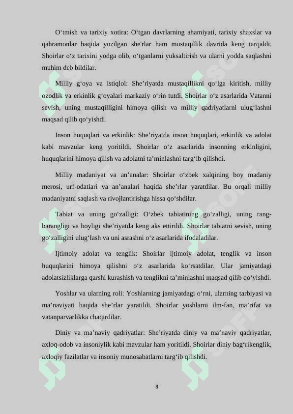 ISTIQLOL DAVRI ANDIJON ADABIY MUHITIDA YARATILGAN SHE'RIY ASARLARNING G'OYAVIY-BADIY XUSUSIYATLARI 8