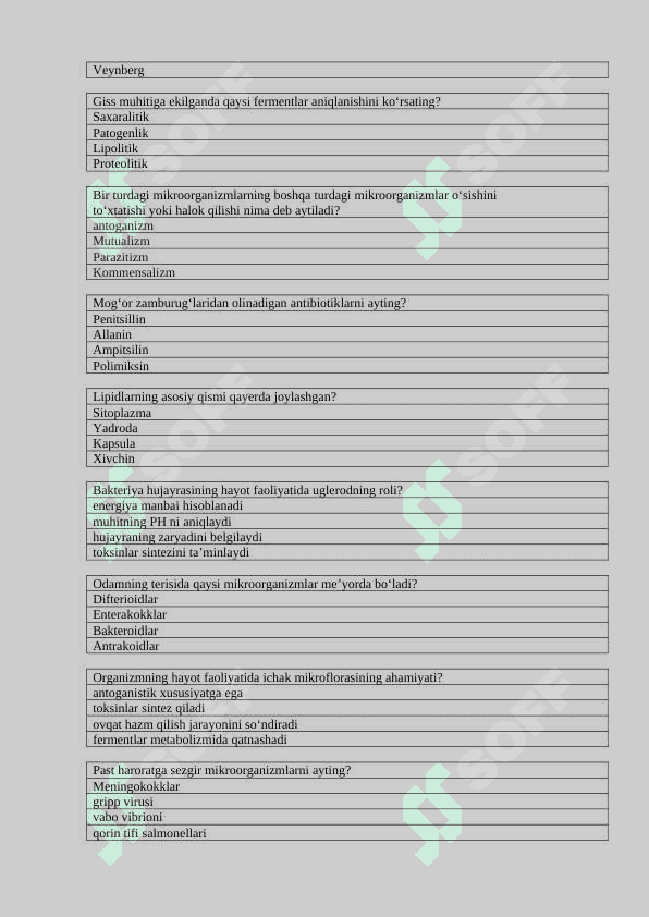 Test mikrobiologiya 1 qism javoblari bilan 5
