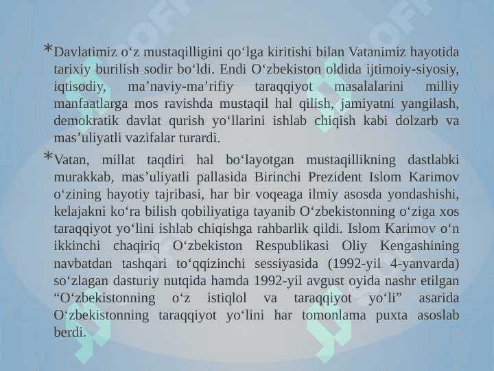 O’zbekistonning o’ziga xos istiqlol va taraqqiyot yo’li, demokratik islohotlar fuqarolik jamiyati asoslarining shakllanishi 2