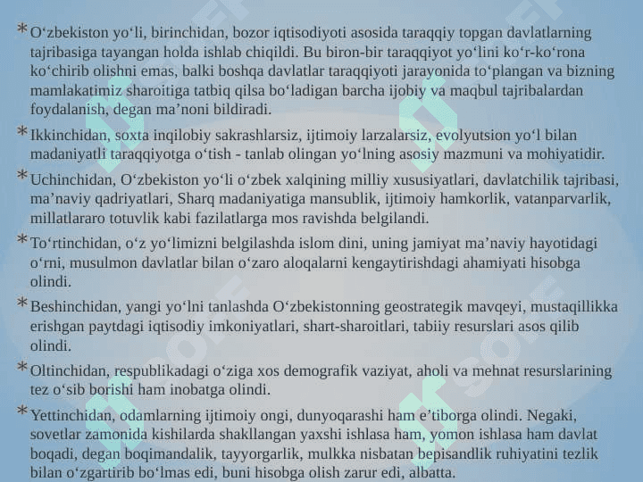 O’zbekistonning o’ziga xos istiqlol va taraqqiyot yo’li, demokratik islohotlar fuqarolik jamiyati asoslarining shakllanishi 3
