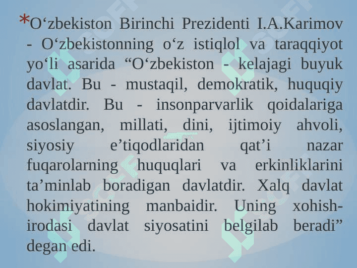 O’zbekistonning o’ziga xos istiqlol va taraqqiyot yo’li, demokratik islohotlar fuqarolik jamiyati asoslarining shakllanishi 4