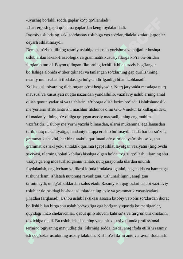 Rasmiy uslub va uning umumiy xususiyatlarini. Rasmiy uslub matniga tanladigan leksik, grammatik, sintaktik birliklar mazmuni 2