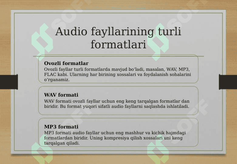 Audio fayllar Ularning turlari kengaytmalari va xossalarI 2