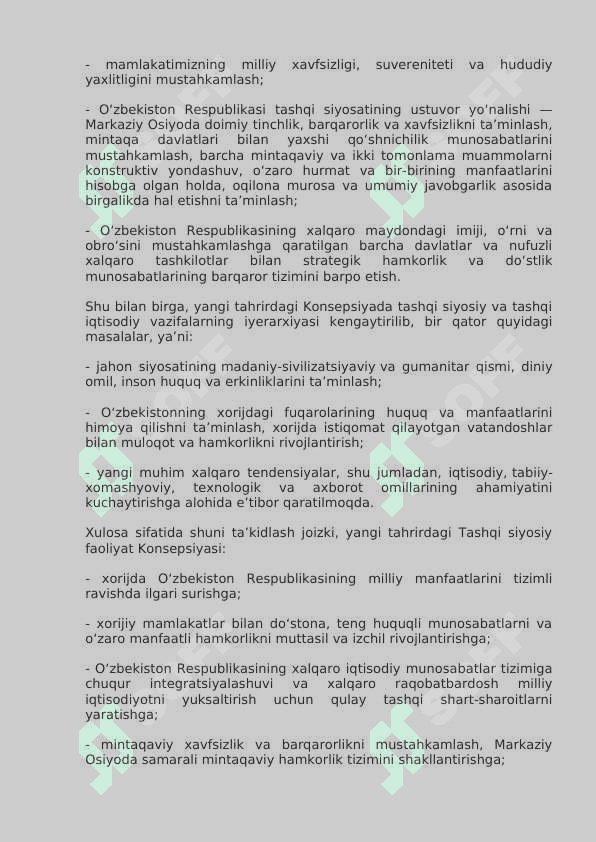 Tashqi siyosiy faoliyat konseptsiyasi. O’bekiston tashqi siyosatida AQShning o’rni 4