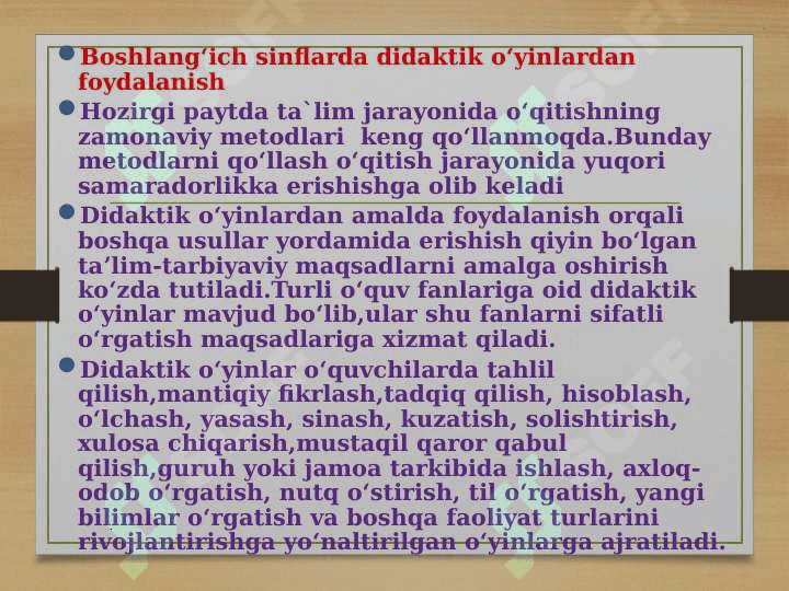 O`QITISHNI TASHKIL QILISHDA DIDAKTIK O`YIN METODIDAN FOYDALANISH 5