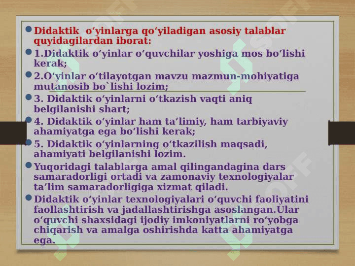 O`QITISHNI TASHKIL QILISHDA DIDAKTIK O`YIN METODIDAN FOYDALANISH 6