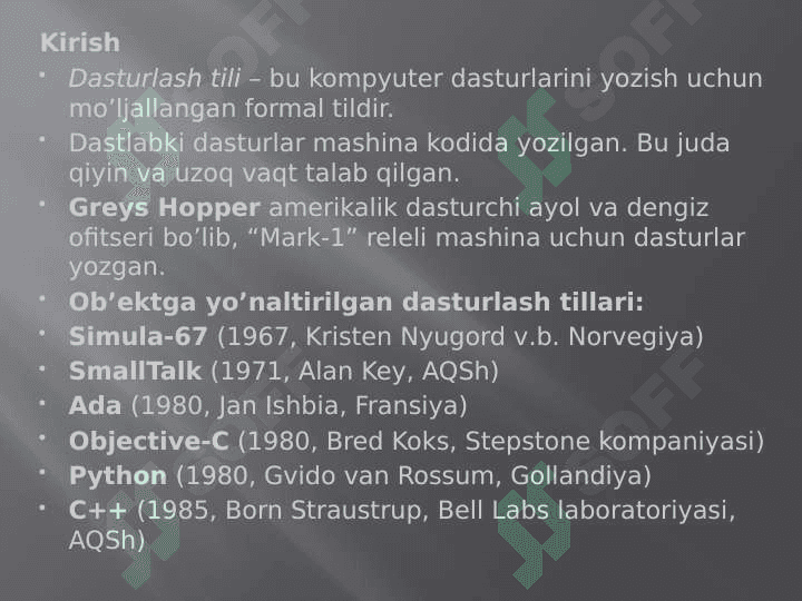 Obeyktga yo`naltirilgan dasturlash asoslari 2