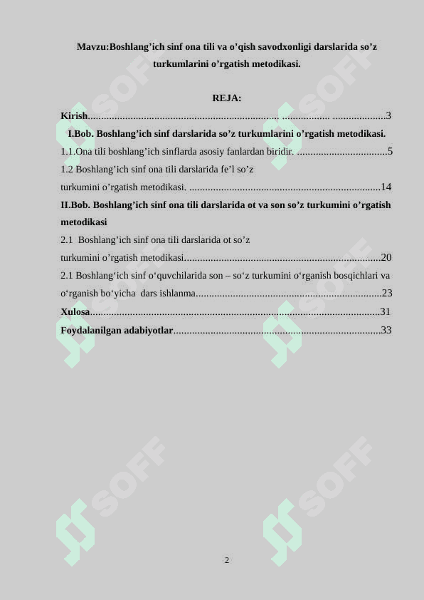 Boshlang’ich sinf ona tili va o’qish savodxonligi darslarida so’z turkumlarini o’rgatish metodikasi. 2