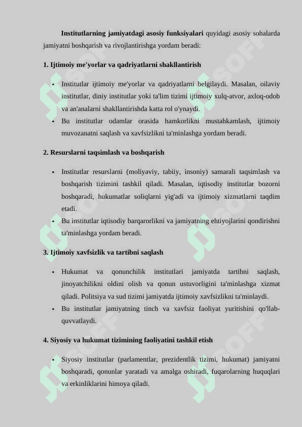 Institutlarning jamiyat rivojidagi roli. 2